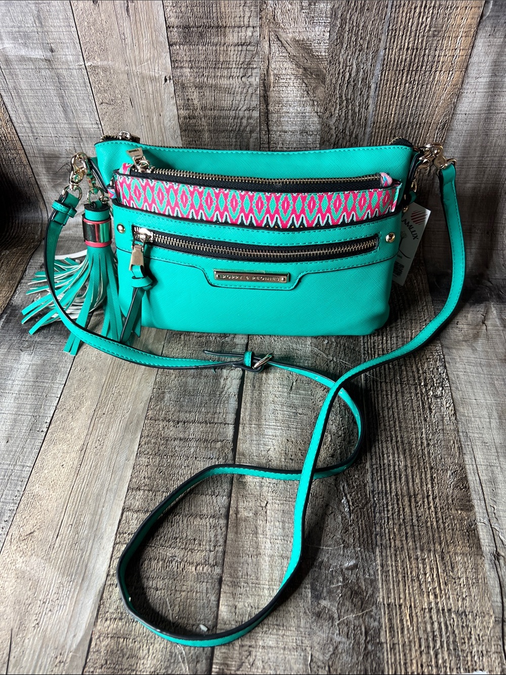 Poppy & Peonies Teal Crossbody with Pink Patterned Accent
